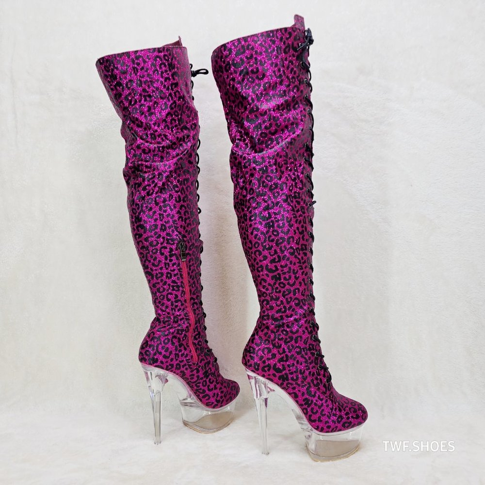 Good Will Bulls Hot Pink Leopard Glitter OTK Clear Platform High Heel Boots